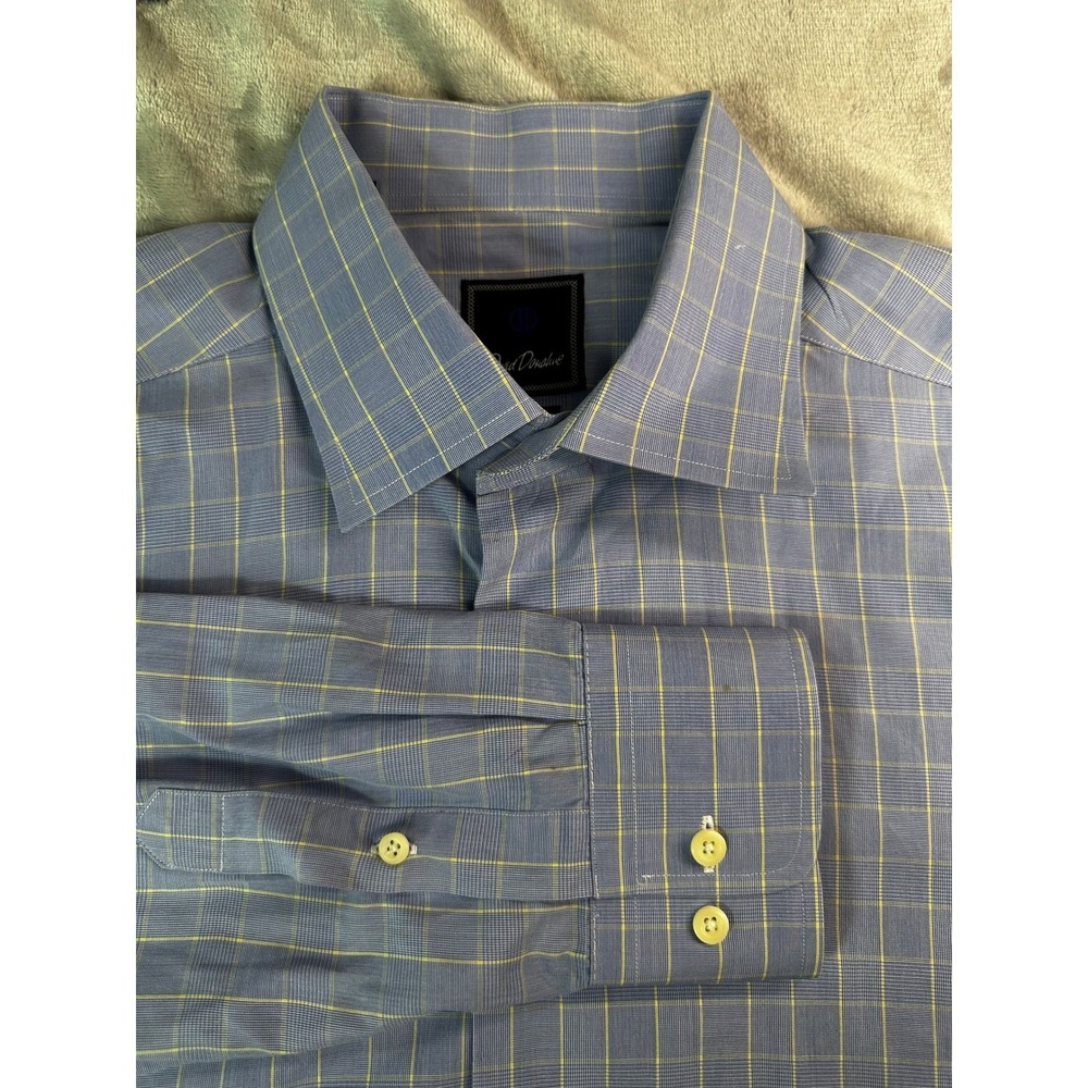David Donahue Dress Shirt Mens 16.5 32/33 Blue Trim Fit Check Cotton